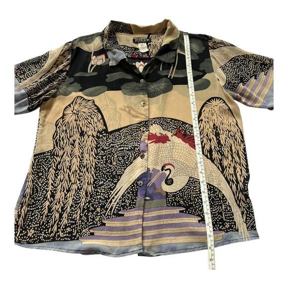 VINTAGE CITRON Crane Print Silk Button Down | L | Multicolor | Boho Resort - Picture 6 of 10